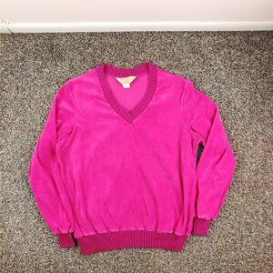 Vintage 1970s Sears Sweater Sweatshirt Velour V Neck Pullover Pink Womens Large